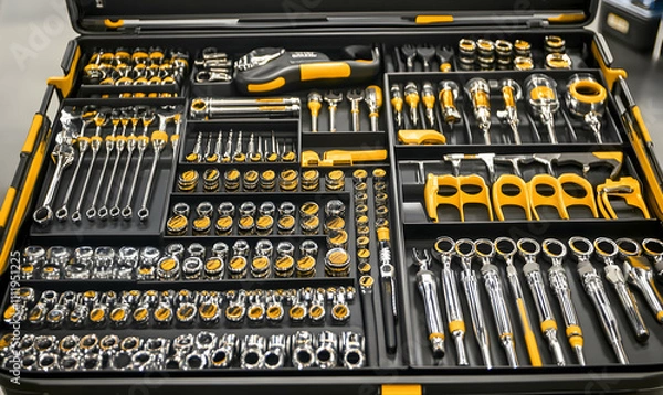 Obraz Organized toolbox filled with various tools, neatly arranged in compartments.  A professional and detailed image showcasing a wide range of precision instruments.