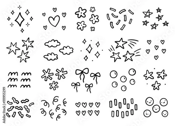 Obraz Cute decorative design elements. Abstract squiggles of different shapes - stars, hearts, flowers, confetti, bows, bubbles, waves. Vector hand-drawn doodle illustration isolated on a white background.
