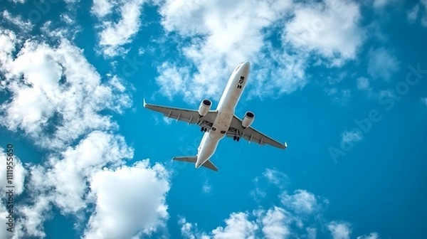 Fototapeta Airplane Soaring Through a Cloud-Filled Azure Sky