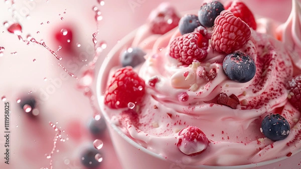 Fototapeta Softserve gelato yogurt splashing berry nuts