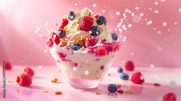 Fototapeta Side view of fruit dessert with yogurt ice cream on pink backgrounds