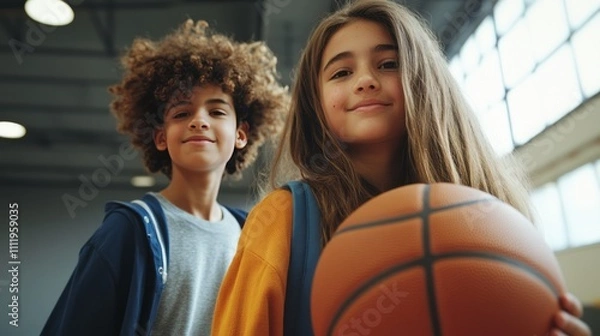 Fototapeta Diverse students in physical education class in middle school. Cinematic gym shot of young girl with long hair is smiling at the camera, holding a basketball. while young boy stands beside her,