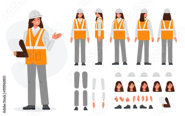 Fototapeta Woman construction engineer in helmet, vest, uniform. Character constructor for animation. Front, side and back view set. Body parts, postures, poses collection. Vector illustration.
