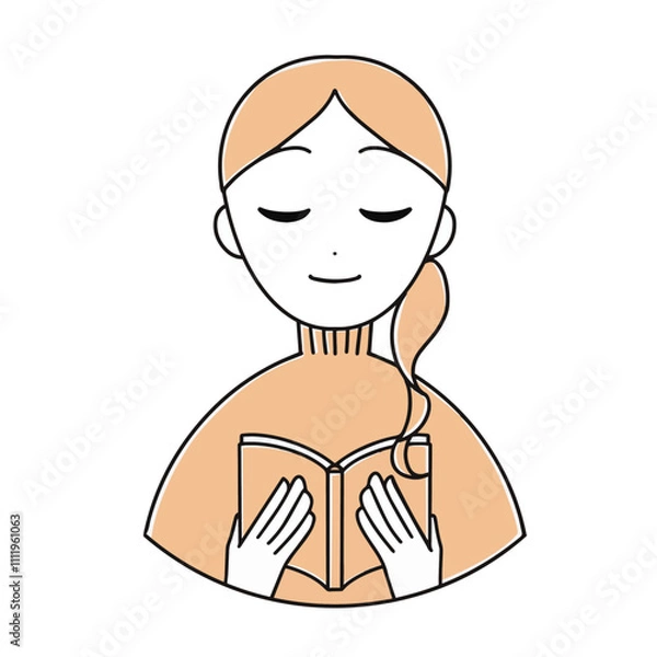Obraz ニットを着て本を読む女性のイラスト　上半身
