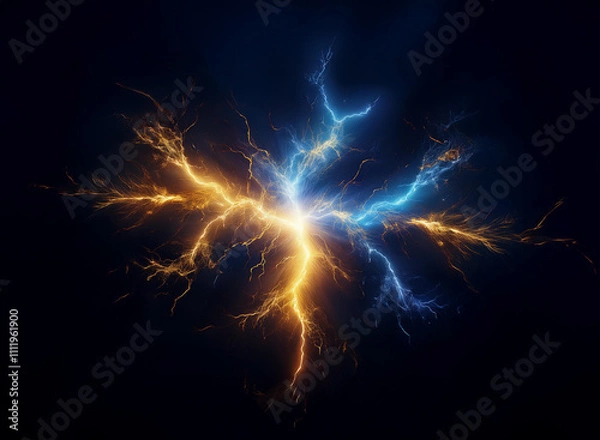 Fototapeta A mesmerizing clash of blue and gold energy, swirling in a cosmic dance of light and power against a dark backdrop.  The vibrant bolts intertwine, creating a captivating display of raw energy.