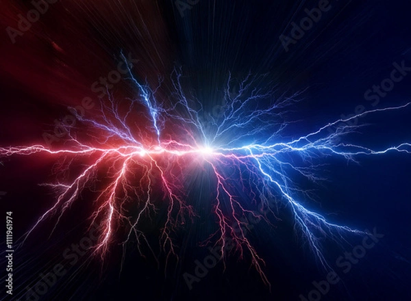 Fototapeta Clashing red and blue energy bursts collide in a dramatic display of raw power, creating a visually stunning spectacle of light and energy.