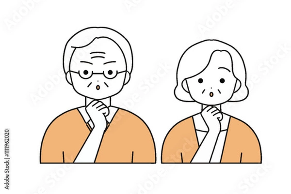 Obraz 考えるシニア夫婦のイラスト　上半身