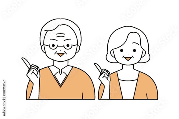 Obraz 指差しをするシニア夫婦のイラスト　上半身