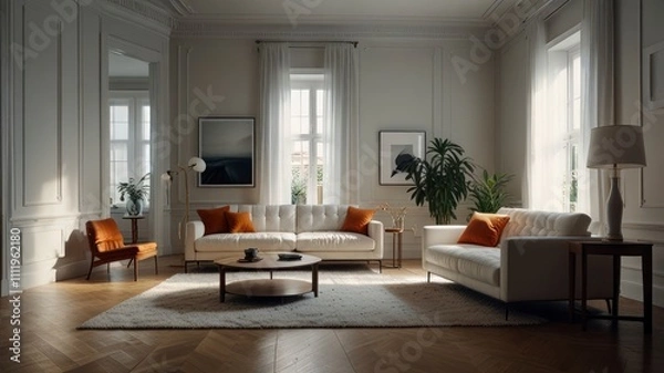 Fototapeta Bright and spacious living room with white walls, parquet and minimalistic furniture