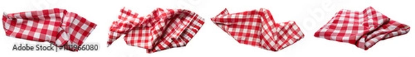 Fototapeta Red and white checkered tablecloth pieces, white isolated background.