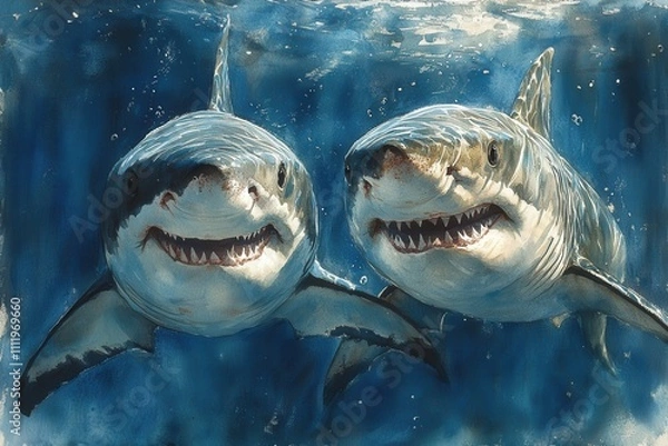 Obraz Two smiling sharks swimming underwater, showcasing their playful demeanor.