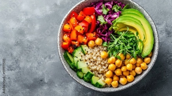 Fototapeta A vibrant Buddha bowl with brown rice, avocado, chickpeas, and colorful veggies, symbolizing balanced eating, Generative AI