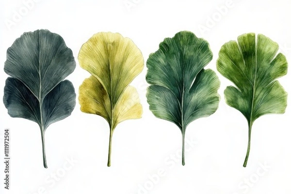 Obraz A watercolor illustration of four ginkgo leaves in varying shades of green and yellow.