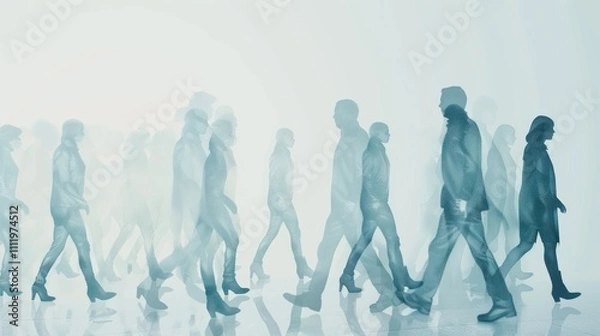 Fototapeta Silhouetted People Walking in Motion Blur Against White Background Showing Movement and Progression
