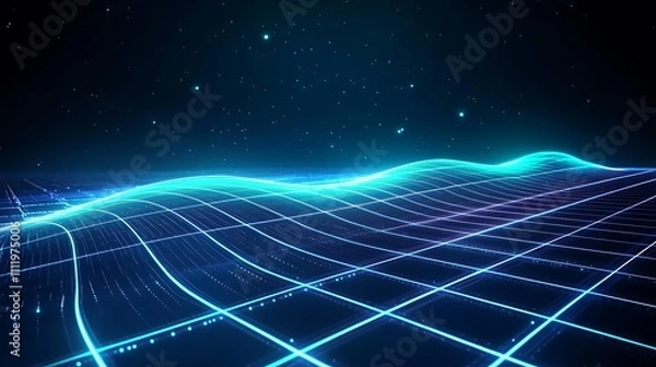 Fototapeta Futuristic Abstract Visualization with Neon Undulating Waves and Grid in a Starry Space Environment