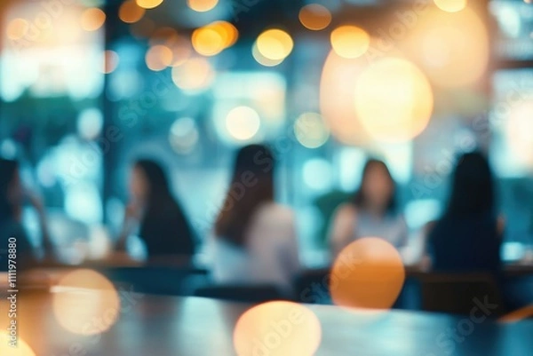 Fototapeta Blurred image of people socializing in a brightly lit cafe  bokeh effect.