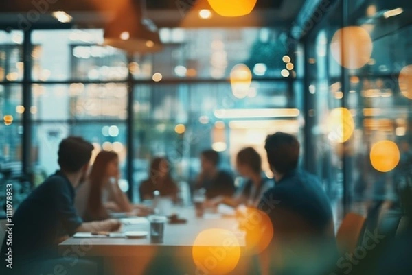 Fototapeta Blurred image of a group of people having a meeting in a modern office at night.