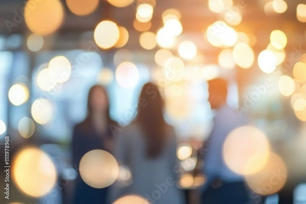 Fototapeta Blurred image of three people socializing in a brightly lit  bokeh filled interior.