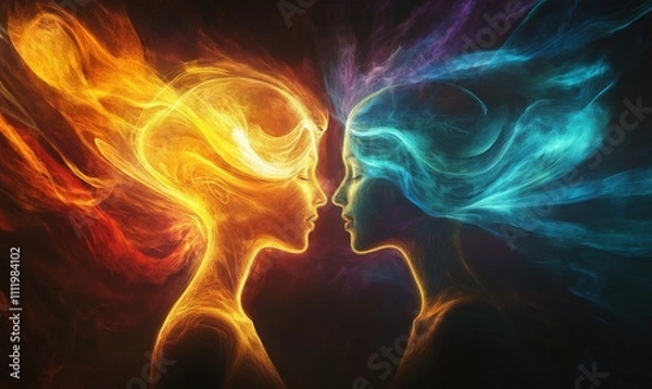 Fototapeta Two glowing human silhouettes facing each other, surrounded by swirling energy waves in vibrant colors: blue, gold, and violet. Dark background. Dynamic interplay of light and energy