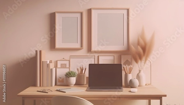 Fototapeta Frame mockup, ISO A paper size. Living room wall poster mockup. Interior mockup with house background. Modern interior design. 3D render. Modern Minimalist Frame and Blank Poster Background Design 