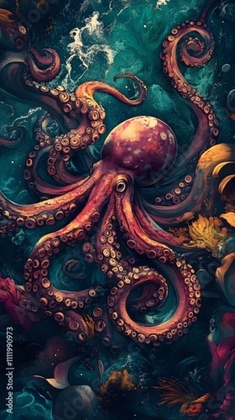 Fototapeta Underwater Scene with Incredible Commotion of an Octopus, Angry octopus wallpaper