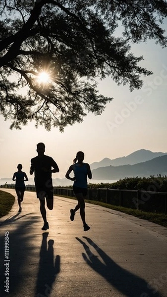 Fototapeta silhouette of a family joging in the playground