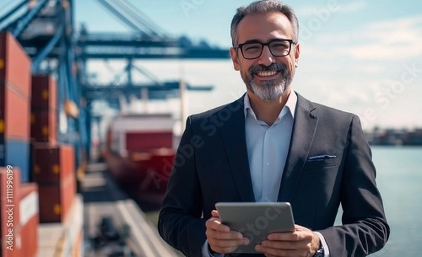 Obraz A confident businessman stands at a bustling port, smiling while holding a tablet. Colorful shipping containers and cargo vessels populate the background, reflecting a vibrant trade environment.