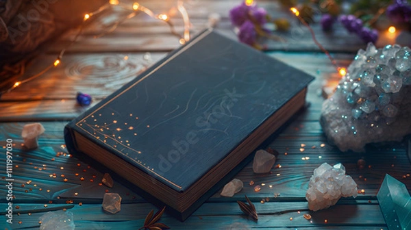 Fototapeta Enchanted book surrounded by crystals and fairy lights on wooden table