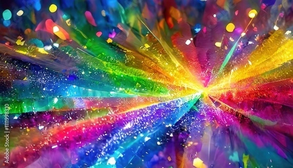 Fototapeta 虹色の鮮やかな色彩が中心から放射状に広がり、輝く粒子がアクセントを加えたダイナミックなイメージです。この画像は、エネルギー、創造性、躍動感を表現し、革新や喜び、想像力をテーマに最適です。

