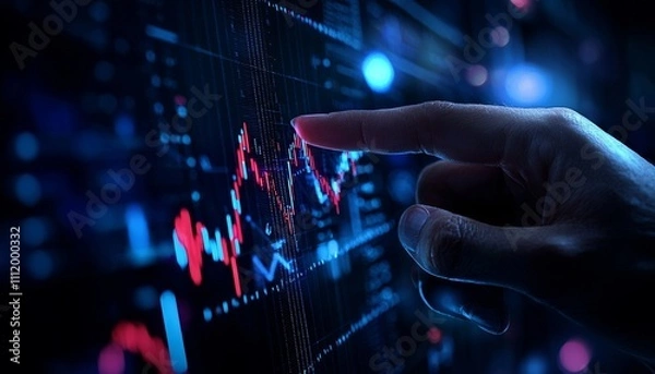 Fototapeta A hand interacting with a digital financial chart displaying market trends and data analysis.