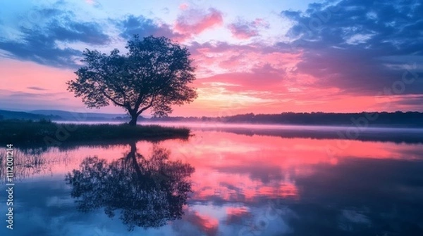 Fototapeta Dreamy Sunset Landscape by the Lake - Dreamy Sunset Landscape by the Lake features a serene reflection of colorful skies and a solitary tree creating a peaceful ambiance.