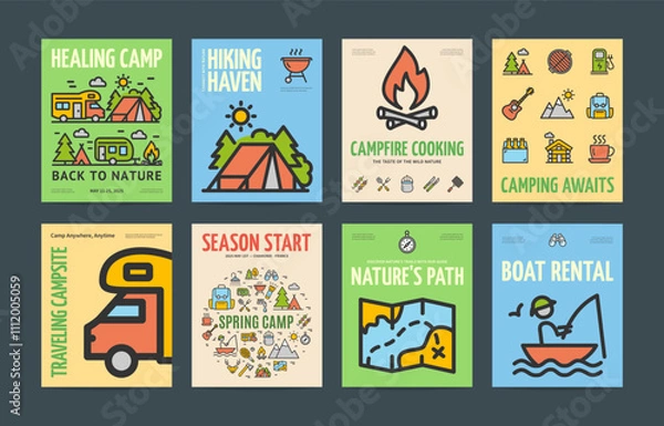 Fototapeta Camping Concept Vertical Invitation Placard Poster Banner Card Template Set. Vector illustration of Campfire Cooking, Boat Rental Service and Travelling Campsite