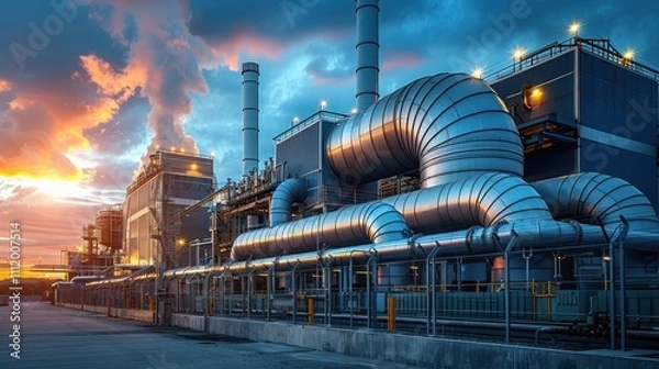 Fototapeta A detailed image of large industrial turbines powered by steam generated from waste, illustrating how waste-to-electricity plants capture energy from waste combustion to produce electricity