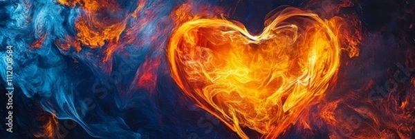 Fototapeta Fiery Heart Shape with Glowing Lines and Vibrant Colors - A stunning visual of a heart engulfed in flames symbolizes passion, love, intensity, and vibrancy, set against a contrasting blue background.