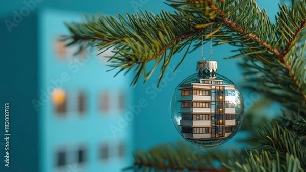 Fototapeta Creative Christmas ornament designed as a modern apartment building, reflecting urban life. Ideal for real estate branding, architectural marketing, and holiday-themed promotions
