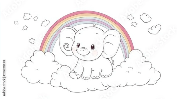 Fototapeta A cute cartoon baby elephant sitting on a cloud with a rainbow above.