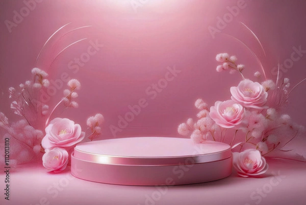 Fototapeta Elegant floral display on minimalist pink stage creative showcase indoor studio aesthetic presentation for branding