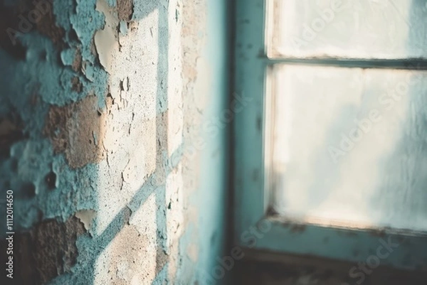 Fototapeta Abandoned Window in an Old Building Showcasing Textured Walls with Peeling Paint and Soft Natural Light Streaming Through the Glass Pane