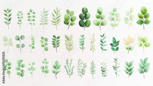 Obraz Herbaceous Watercolor Collection, A vibrant assortment of garden and wild herbs, featuring lush eucalyptus and tropical leaves, beautifully illustrated on a clean white backdrop.