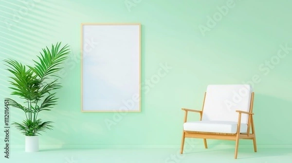Fototapeta Stylish chair with vibrant plants beside a mock-up poster on a light green wall, creating a fresh and inviting atmosphere in a modern interior space.