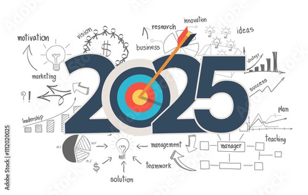 Obraz 2025 new year target audience concept, Creative thinking drawing charts and graphs business success strategy plan idea on target dart with arrow