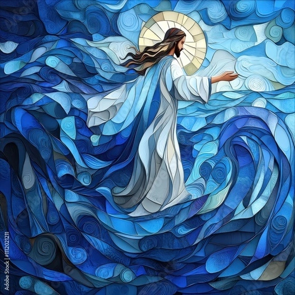 Fototapeta Artistic depiction of Jesus walking on water in vibrant stained glass style with dynamic blue waves