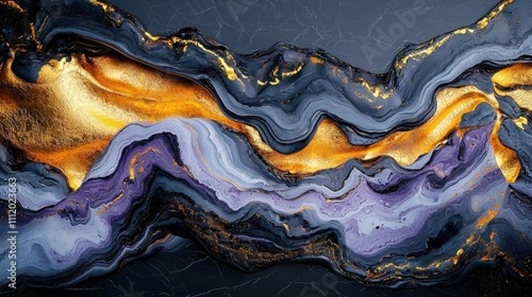Fototapeta Opulent Abstract Marble Design, a contemporary digital artwork featuring a luxurious blend of gold, black, and purple hues, creating a striking 3D visual experience.
