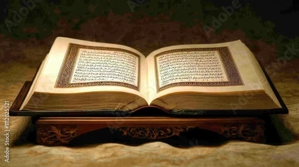 Fototapeta Open Quran Resting on Ornate Wooden Stand with Warm Light Reflection Highlighting Text