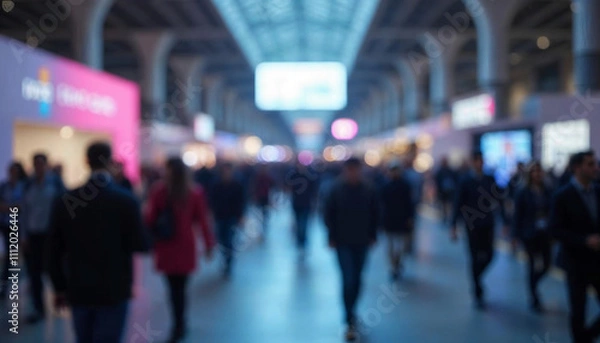 Fototapeta Background of an expo or convention with blurred individuals in an exposition hall Concept image for a international exhibition conference center corporate marketing or event fair Generative ai