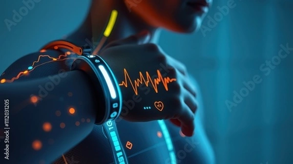 Obraz Futuristic Health Monitoring:  A close-up shot of a futuristic wristband displaying a heart rate monitor on a person's wrist, showcasing the seamless integration of technology and healthcare.  