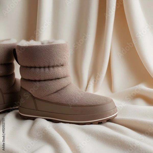 Fototapeta Winter warm shoes with white and brown color combination, nice size and shape.