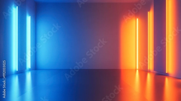 Fototapeta A modern art space with vibrant blue and orange neon lights illuminating the walls, creating a unique atmosphere for creativity and expression