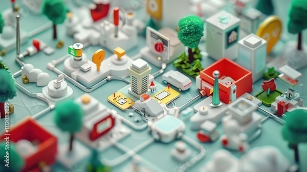 Fototapeta Colorful Isometric Cityscape Model with Vivid Trees and Buildings in a Playful Style