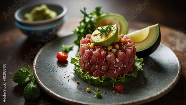 Fototapeta  tuna tartar with avocado and salad 